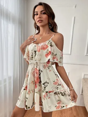 White Off Shoulder Floral Mini Dress