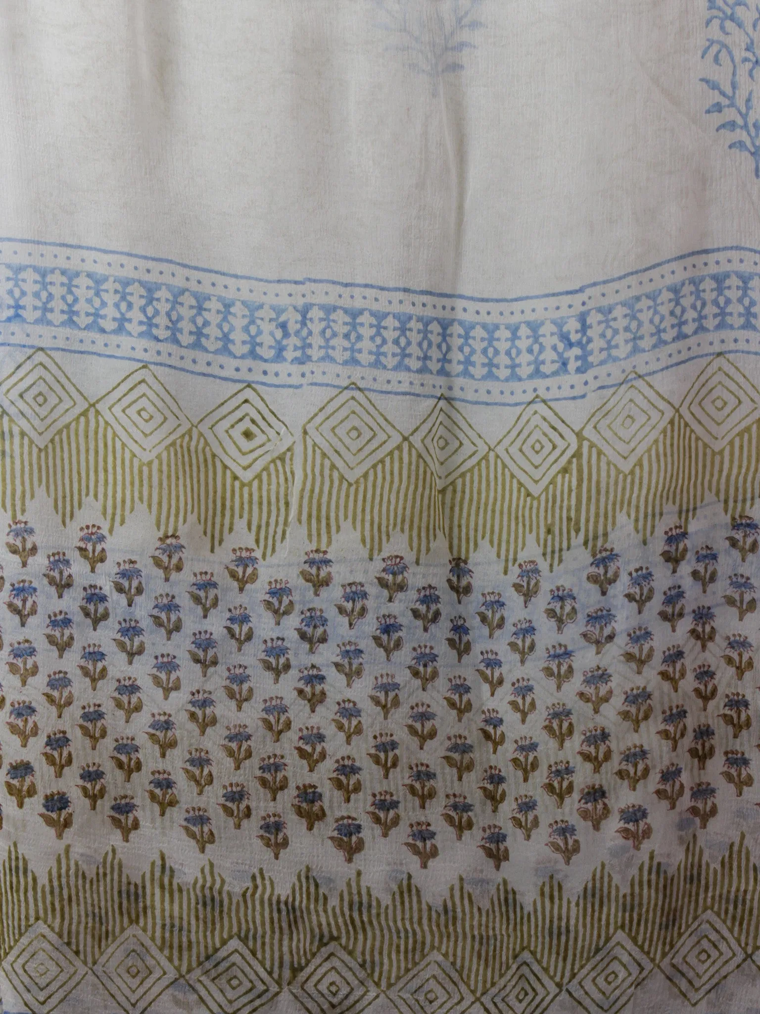 White Olive Green Blue Hand Block Printed Cotton Suit-Salwar Fabric With Chiffon Dupatta (Set of 3) - S16281297