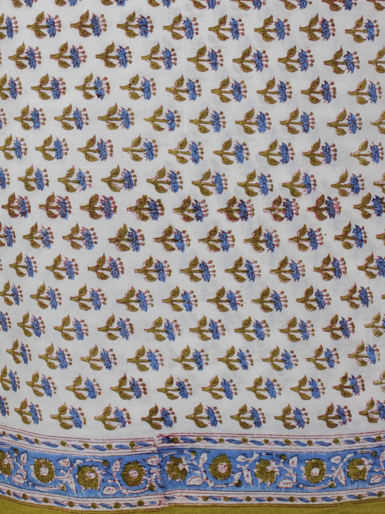 White Olive Green Blue Hand Block Printed Cotton Suit-Salwar Fabric With Chiffon Dupatta (Set of 3) - S16281297