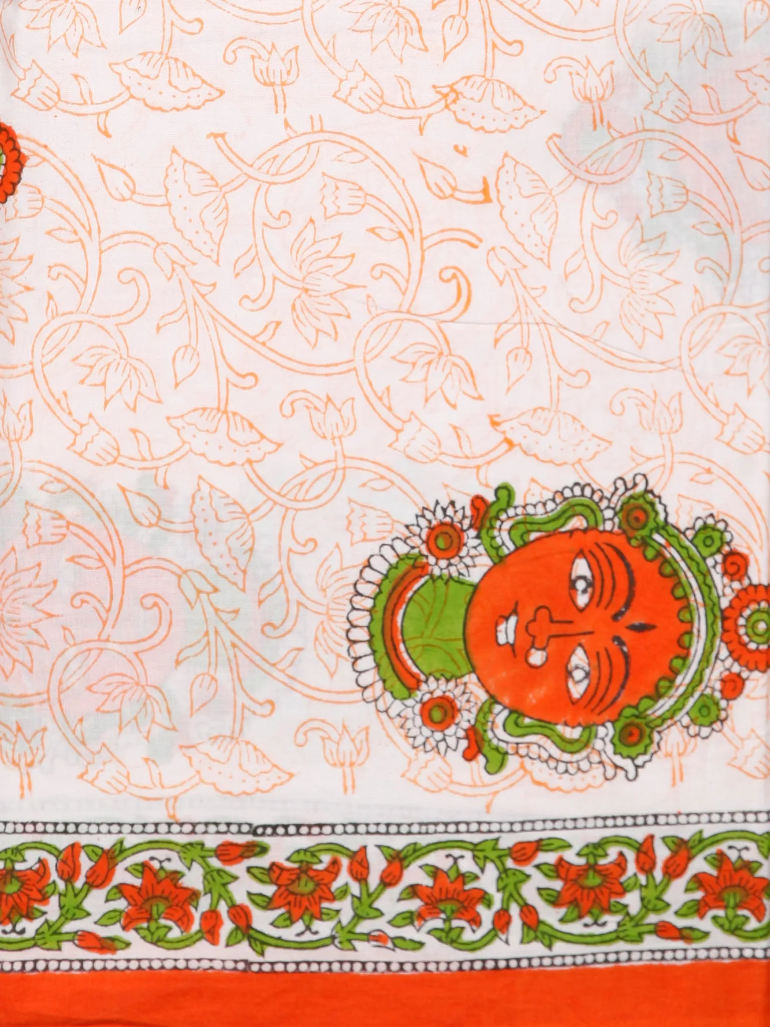 White Orange Green Hand Block Printed Cotton Suit-Salwar Fabric With Chiffon Dupatta (Set of 3) - SU01HB383