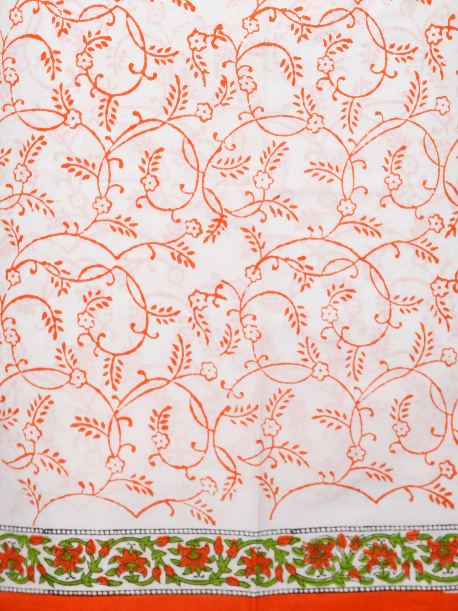 White Orange Green Hand Block Printed Cotton Suit-Salwar Fabric With Chiffon Dupatta (Set of 3) - SU01HB383