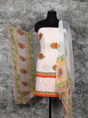 White Orange Green Hand Block Printed Cotton Suit-Salwar Fabric With Chiffon Dupatta (Set of 3) - SU01HB383