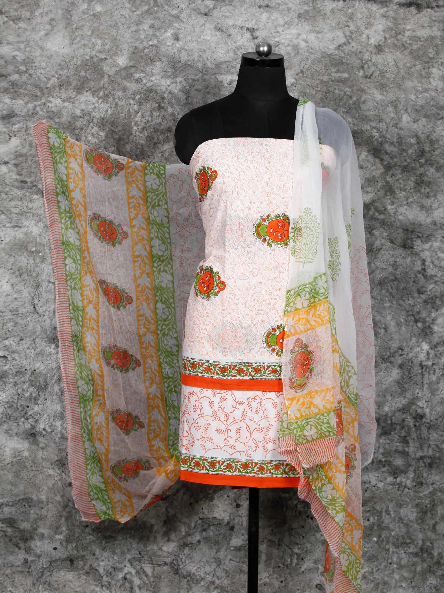 White Orange Green Hand Block Printed Cotton Suit-Salwar Fabric With Chiffon Dupatta (Set of 3) - SU01HB383