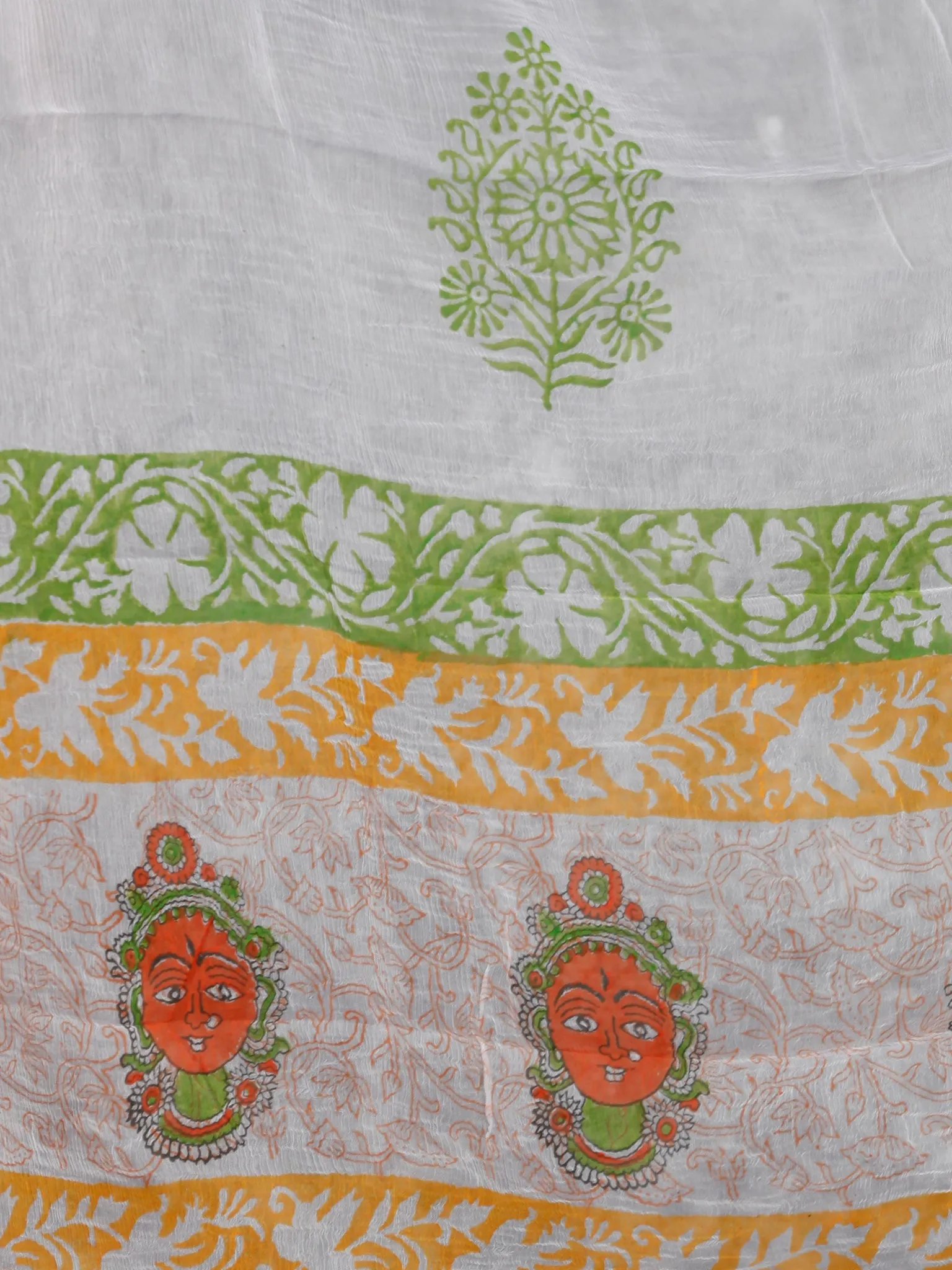 White Orange Green Hand Block Printed Cotton Suit-Salwar Fabric With Chiffon Dupatta (Set of 3) - SU01HB383