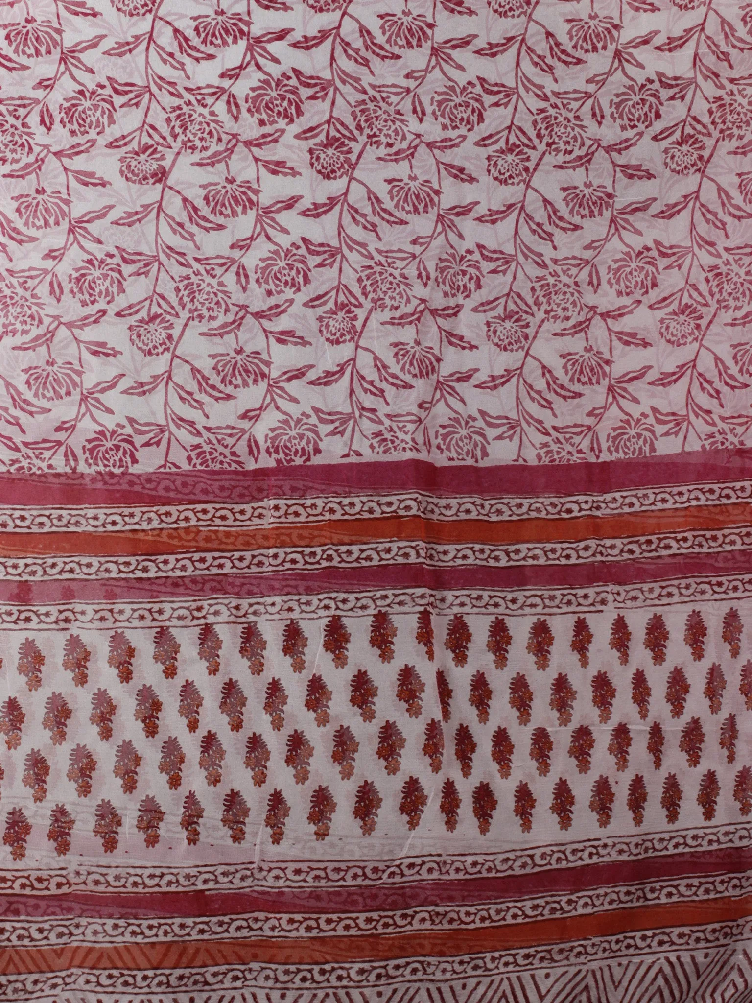 White Pink Orange Hand Block Printed Cotton Suit-Salwar Fabric With Chiffon Dupatta (Set of 3) - S16281310
