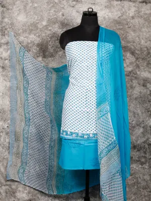 White Sky Blue Hand Block Printed Cotton Suit-Salwar Fabric With Chiffon Dupatta (Set of 3) - SU01HB353