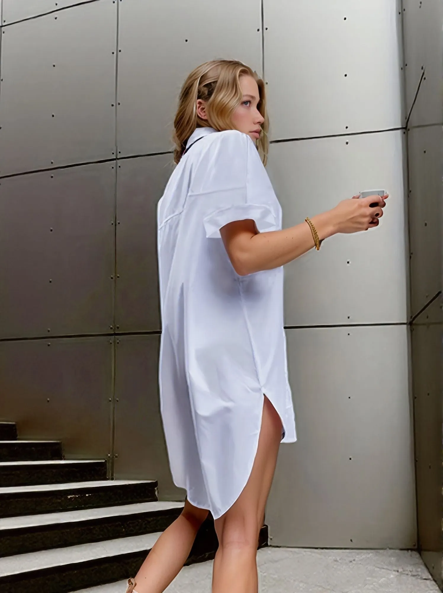 White Solid Shirt Dress