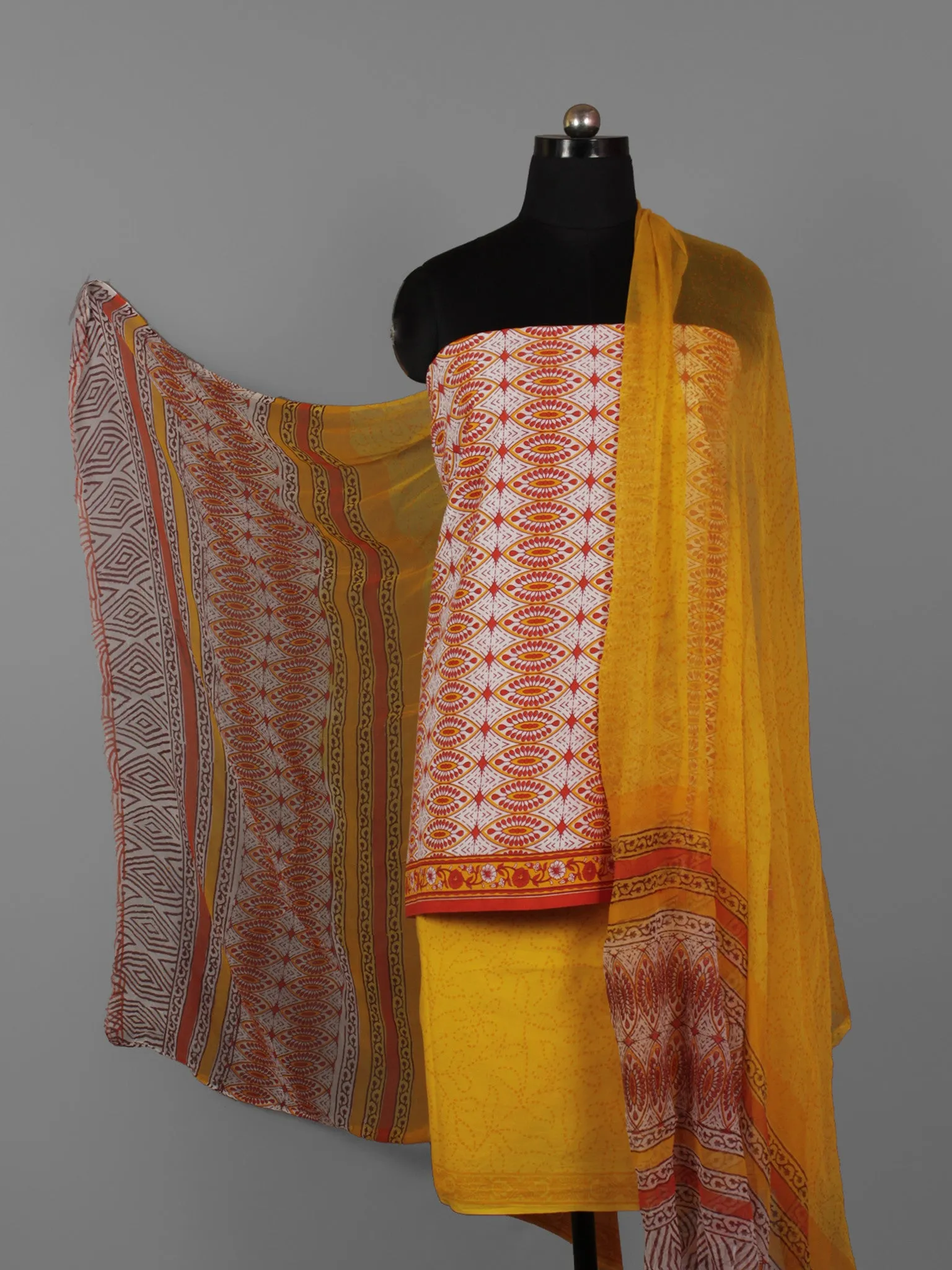 White Yellow Maroon Hand Block Printed Cotton Suit-Salwar Fabric With Chiffon Dupatta (Set of 3) - S16281307