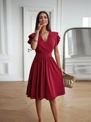 Wine Fit And Flare Mini Dress With Wrap
