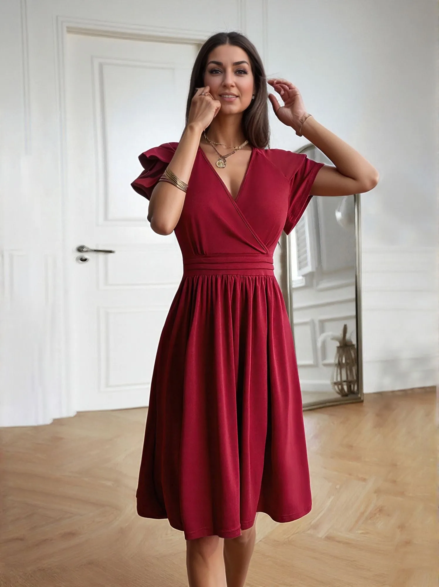 Wine Fit And Flare Mini Dress With Wrap