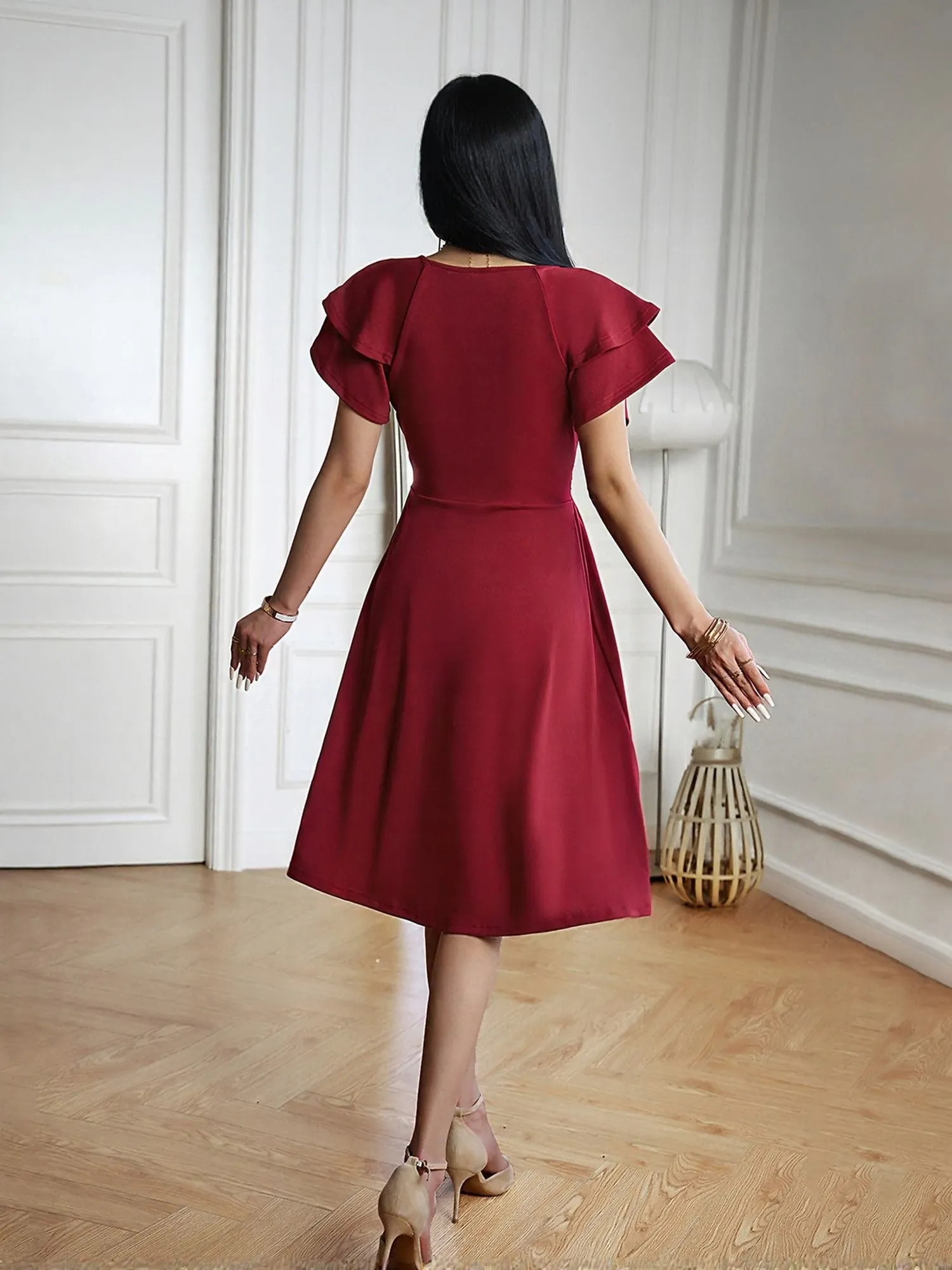 Wine Fit And Flare Mini Dress With Wrap