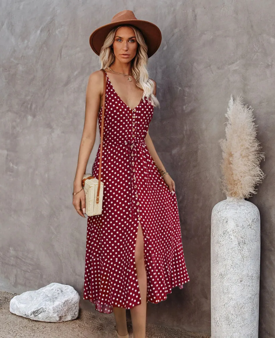 Wine Front Buttoned Midi A-Line Dress