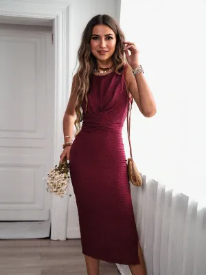 Wine Midi Dress With Twist Detail