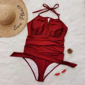 Wine Red Halter Plus Sizes Swimwear