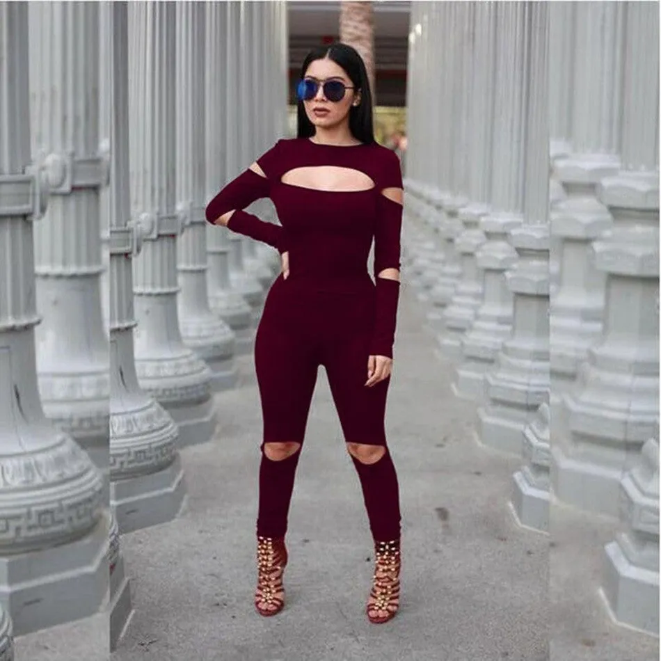 Women Bodycon Jumpsuit Long Sleeve Hollow Out Fahion Sexy Club Overalls Bodysuit Rompers Womens Jumpsuits