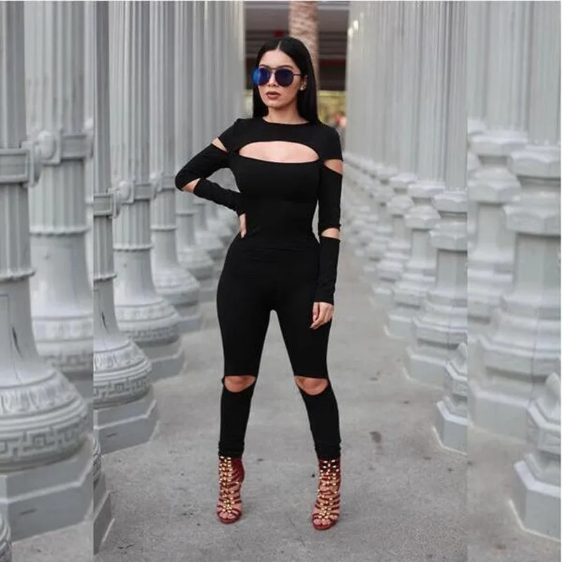 Women Bodycon Jumpsuit Long Sleeve Hollow Out Fahion Sexy Club Overalls Bodysuit Rompers Womens Jumpsuits