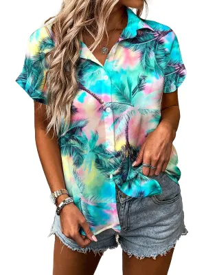 Women Hawaiian Shirt Soft Cool Summer Hawaii Tshirts Beach Tropic Print V Neck Button up Tops Floral Short Sleeve Tops