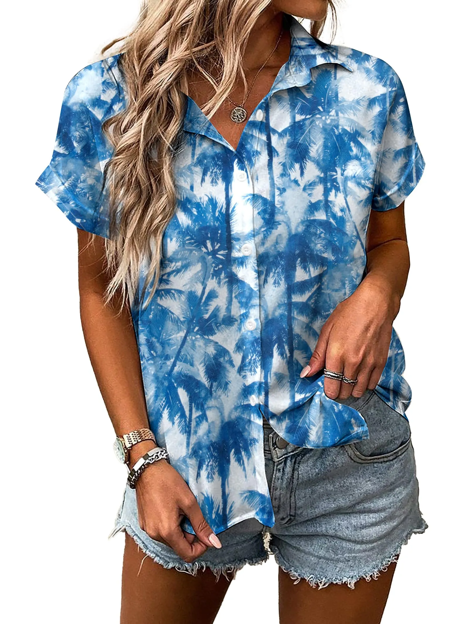 Women Hawaiian Shirt Soft Cool Summer Hawaii Tshirts Beach Tropic Print V Neck Button up Tops Floral Short Sleeve Tops