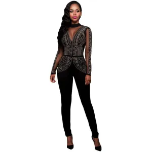 Women Jumpsuit Long Pants Romper Mesh Studded Sleeve Turtleneck Solid Night Club Elegant Slim Jumpsuits Overall