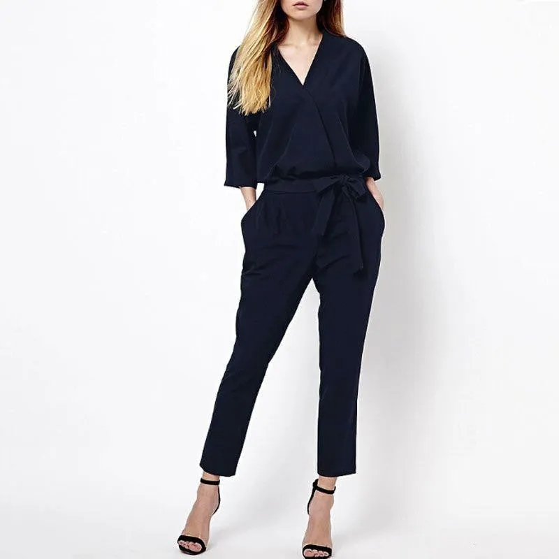 Women Jumpsuits V Neck Casual Style Elegant Ladies Long Romper Overalls
