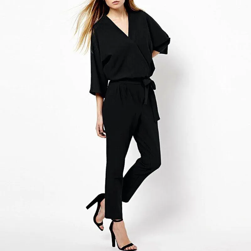 Women Jumpsuits V Neck Casual Style Elegant Ladies Long Romper Overalls