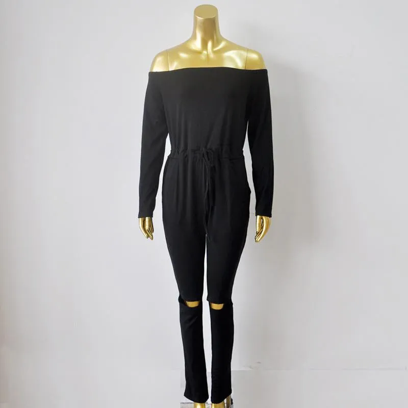 Women Long Sleeve Slash Neck Black Bodycon Elegant Jumpsuit Hollow Out Long Rompers Casual Playsit Overalls