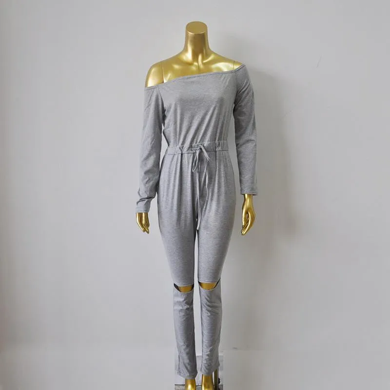 Women Long Sleeve Slash Neck Black Bodycon Elegant Jumpsuit Hollow Out Long Rompers Casual Playsit Overalls
