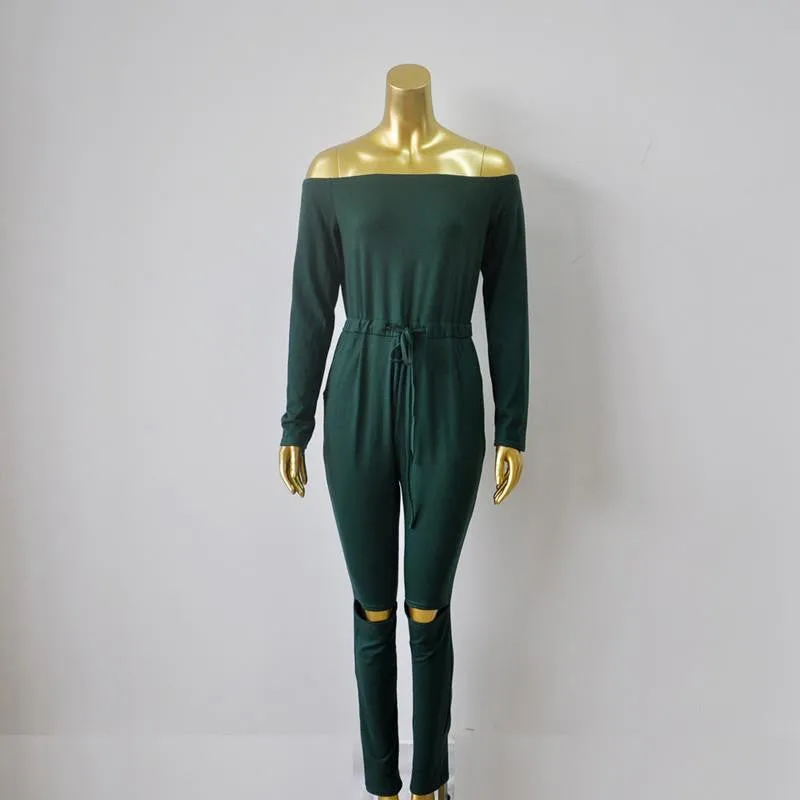 Women Long Sleeve Slash Neck Black Bodycon Elegant Jumpsuit Hollow Out Long Rompers Casual Playsit Overalls