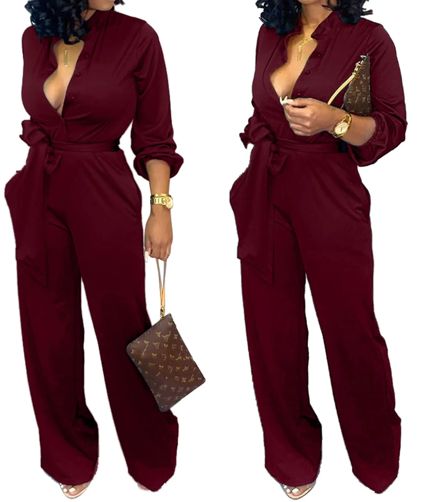 Women's Sexy V Neck Jumpsuits Elegant Long Sleeve Button Down Straight Long Pants Business Romper With Pockets Belt
