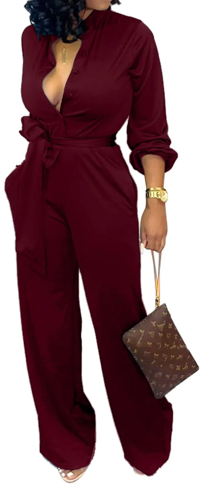 Women's Sexy V Neck Jumpsuits Elegant Long Sleeve Button Down Straight Long Pants Business Romper With Pockets Belt