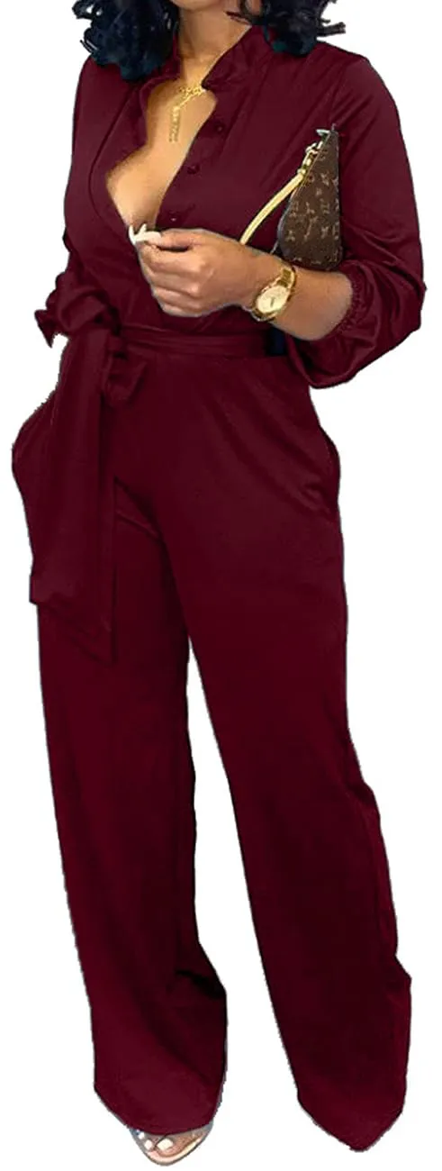 Women's Sexy V Neck Jumpsuits Elegant Long Sleeve Button Down Straight Long Pants Business Romper With Pockets Belt