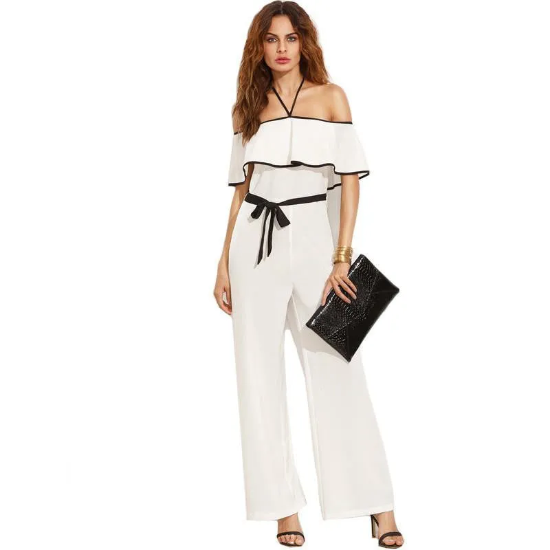Women's Vogue Black and White Patchwork Halter Ruffle Tie Waist Short Sleeve Elegant Long Jumpsuit
