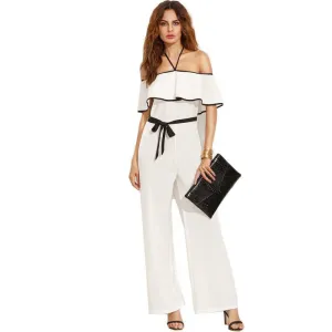 Women's Vogue Black and White Patchwork Halter Ruffle Tie Waist Short Sleeve Elegant Long Jumpsuit