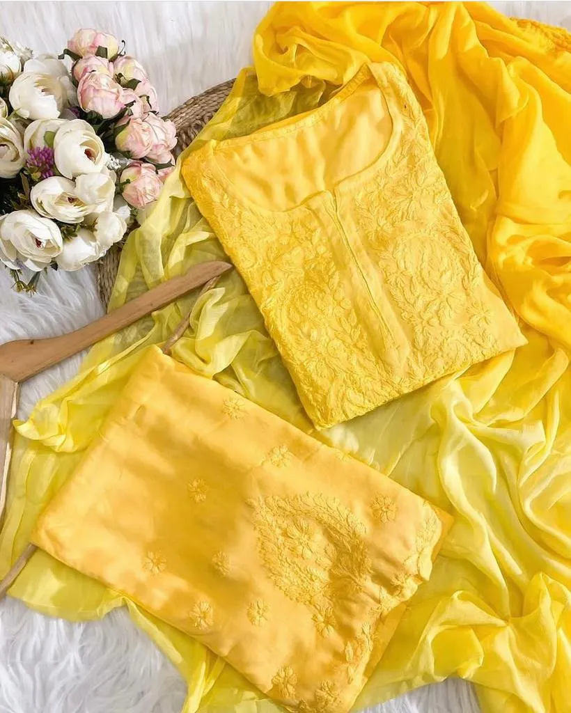 Yellow Chikankari Rayon Kurti Palazzo Set With Dupatta