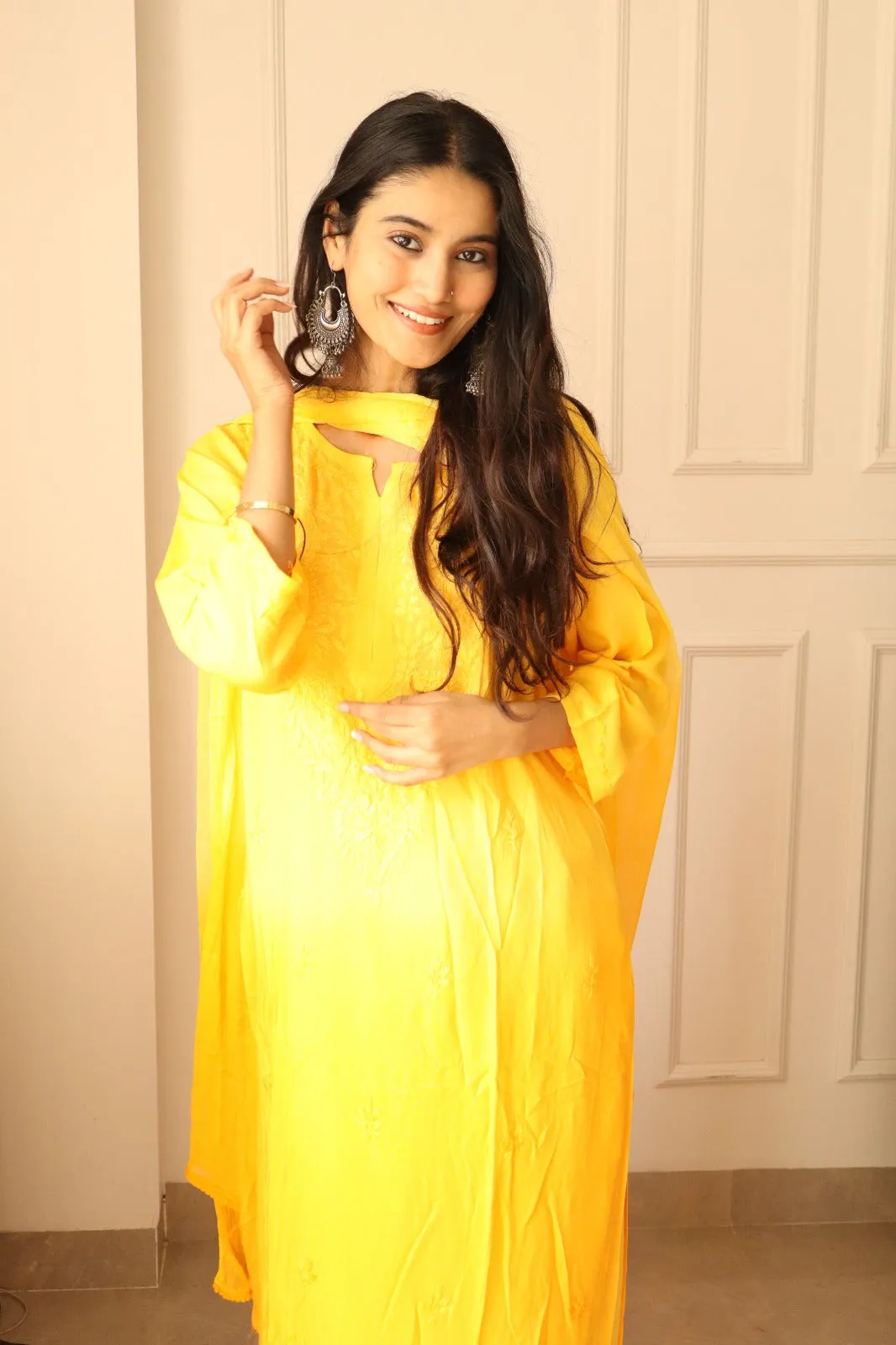 Yellow Chikankari Rayon Kurti Palazzo Set With Dupatta