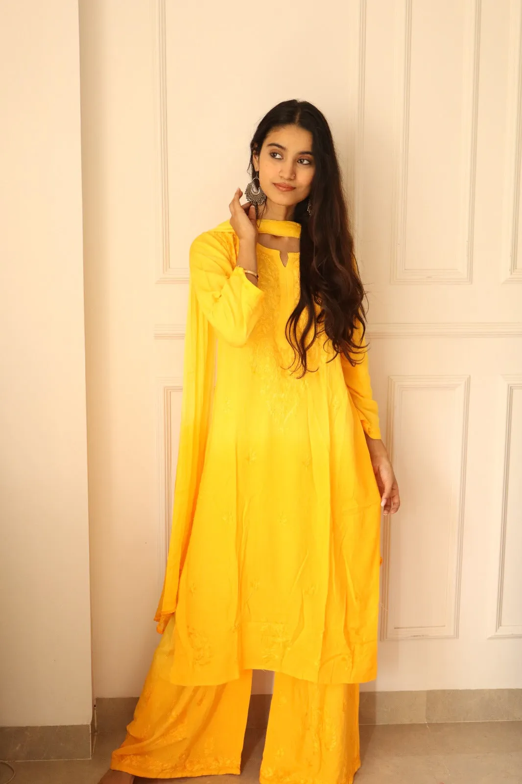 Yellow Chikankari Rayon Kurti Palazzo Set With Dupatta