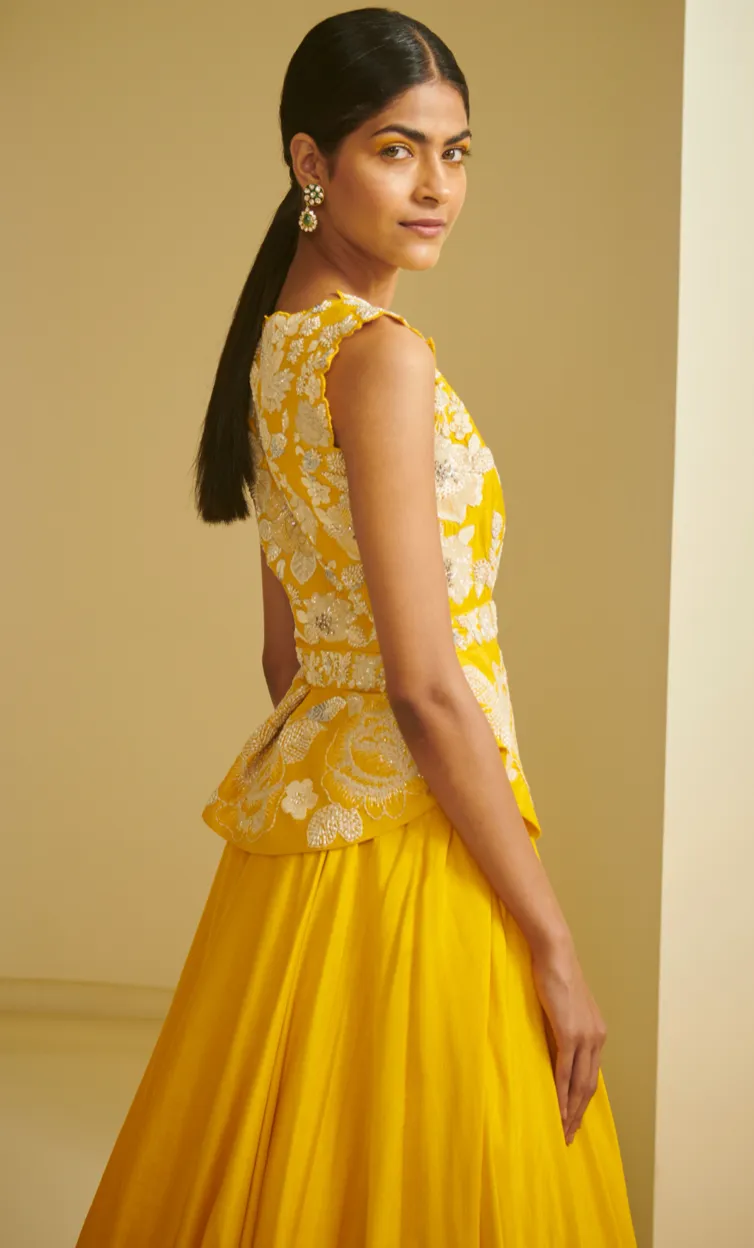 Yellow Embroidered Zille With Skirt