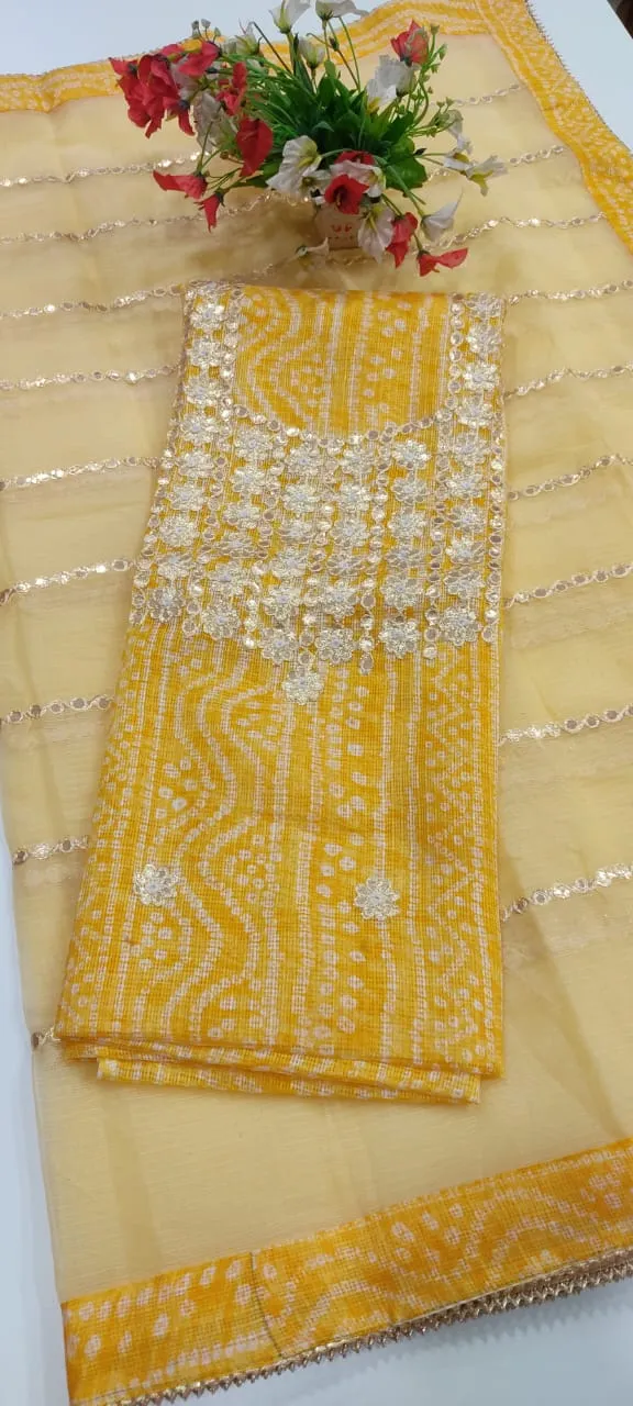Yellow  Kota Doria Gota Embroidered Suit
