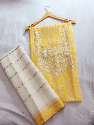 Yellow  Kota Doria Gota Embroidered Suit