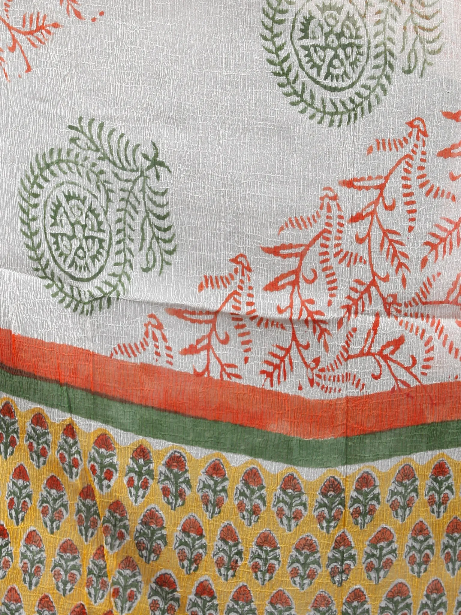 Yellow Orange Green Hand Block Printed Cotton Suit-Salwar Fabric With Chiffon Dupatta (Set of 3) - SU01HB392