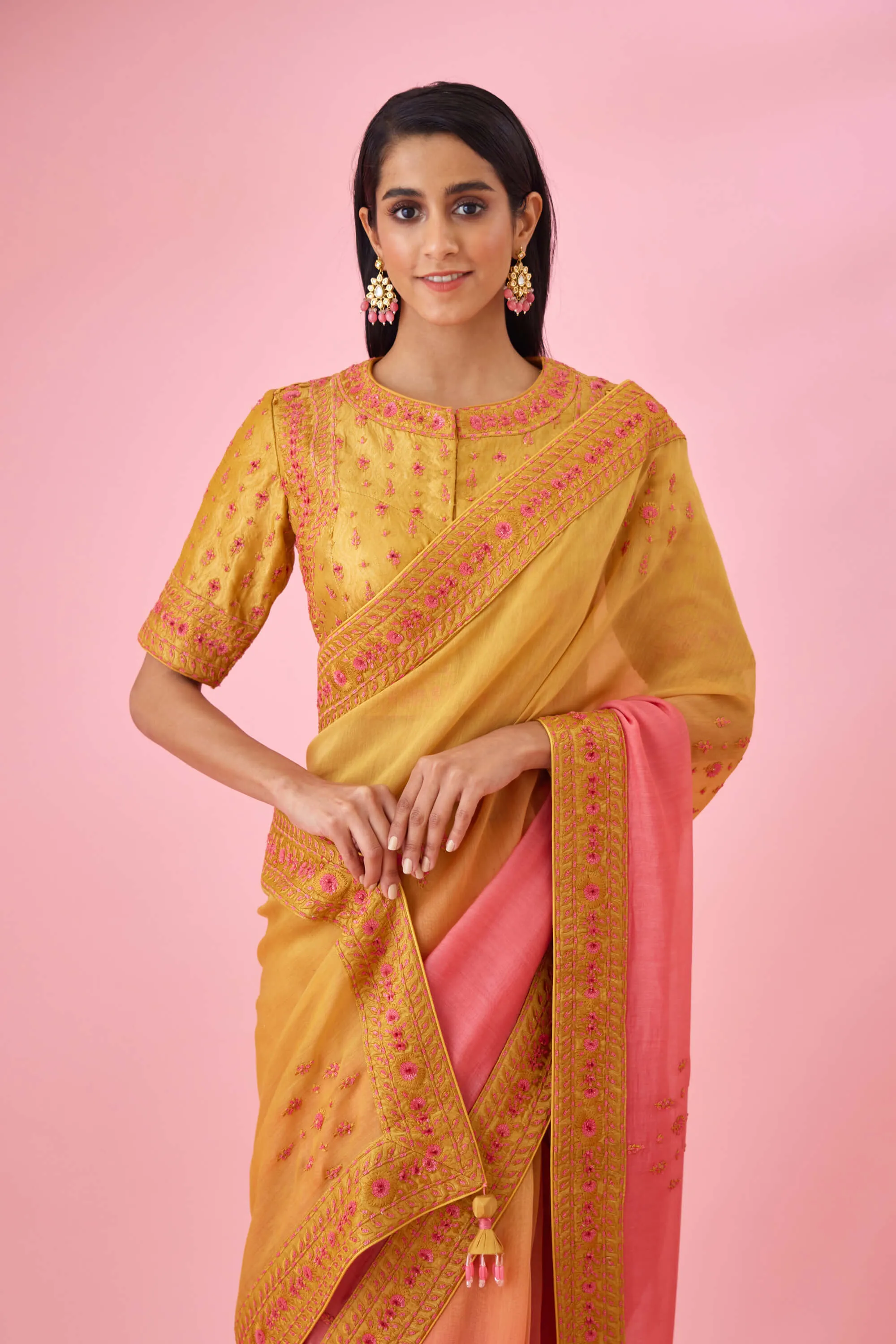 Yellow pink ombre sari and blouse