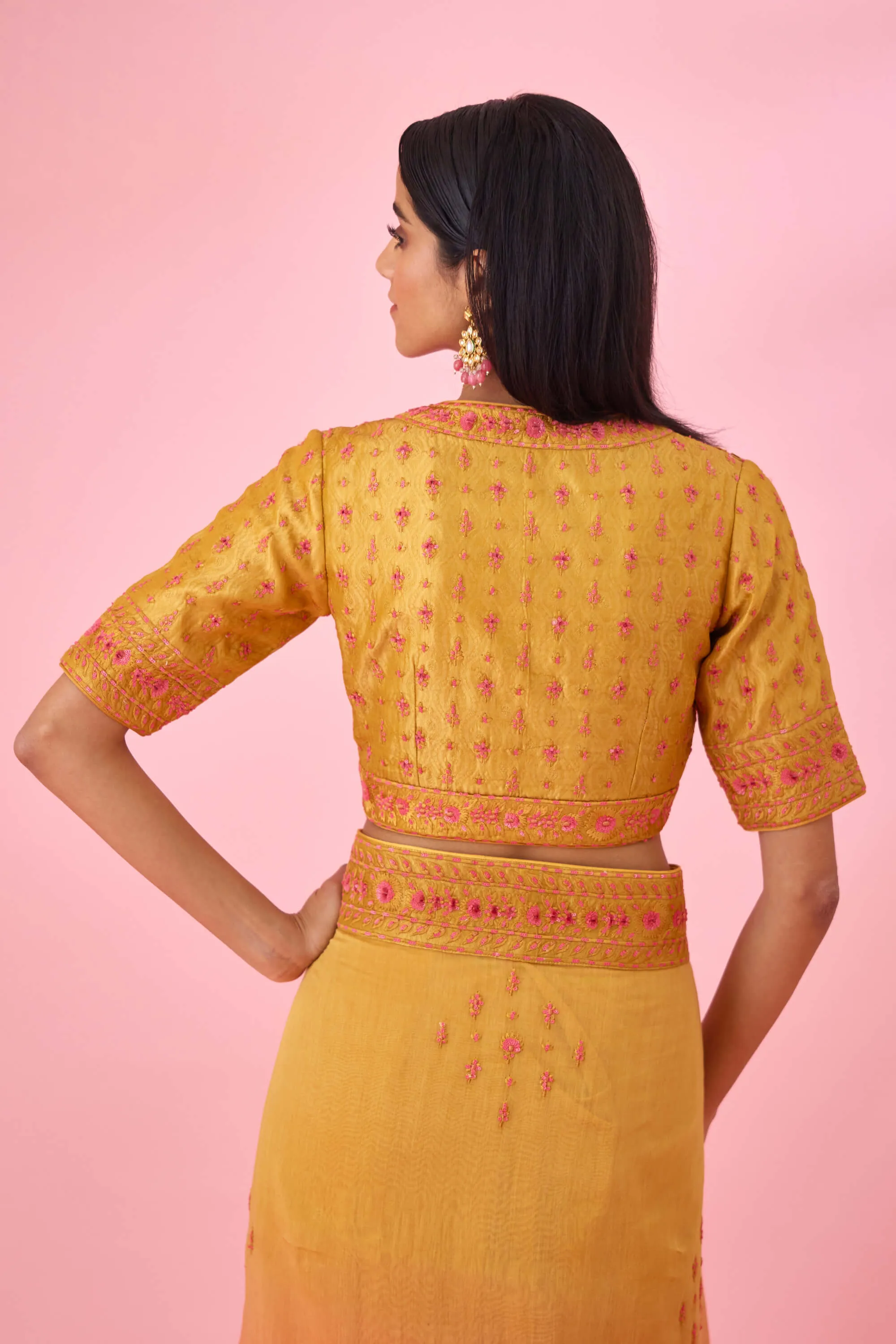 Yellow pink ombre sari and blouse