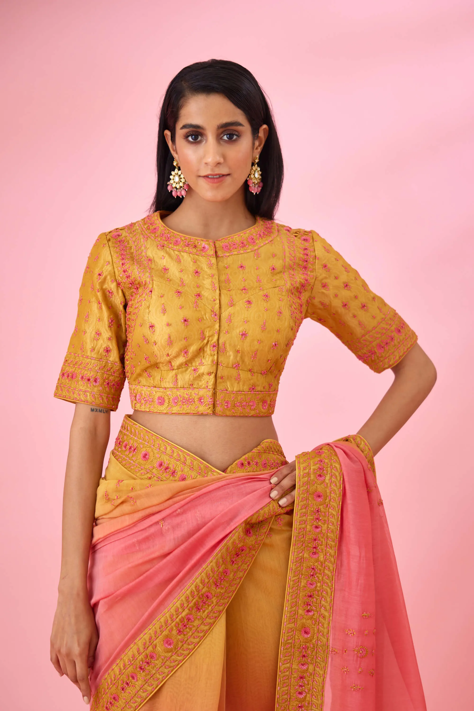 Yellow pink ombre sari and blouse