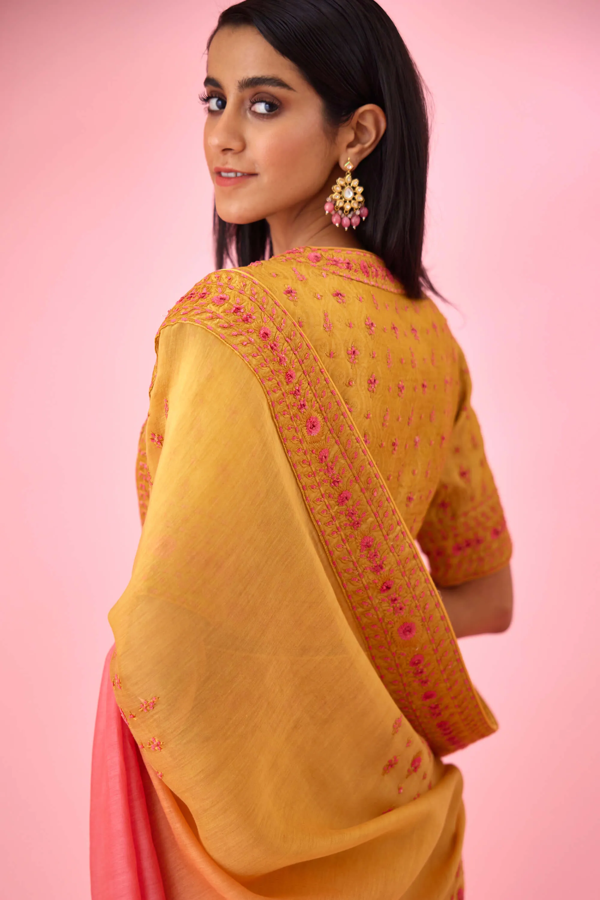 Yellow pink ombre sari and blouse