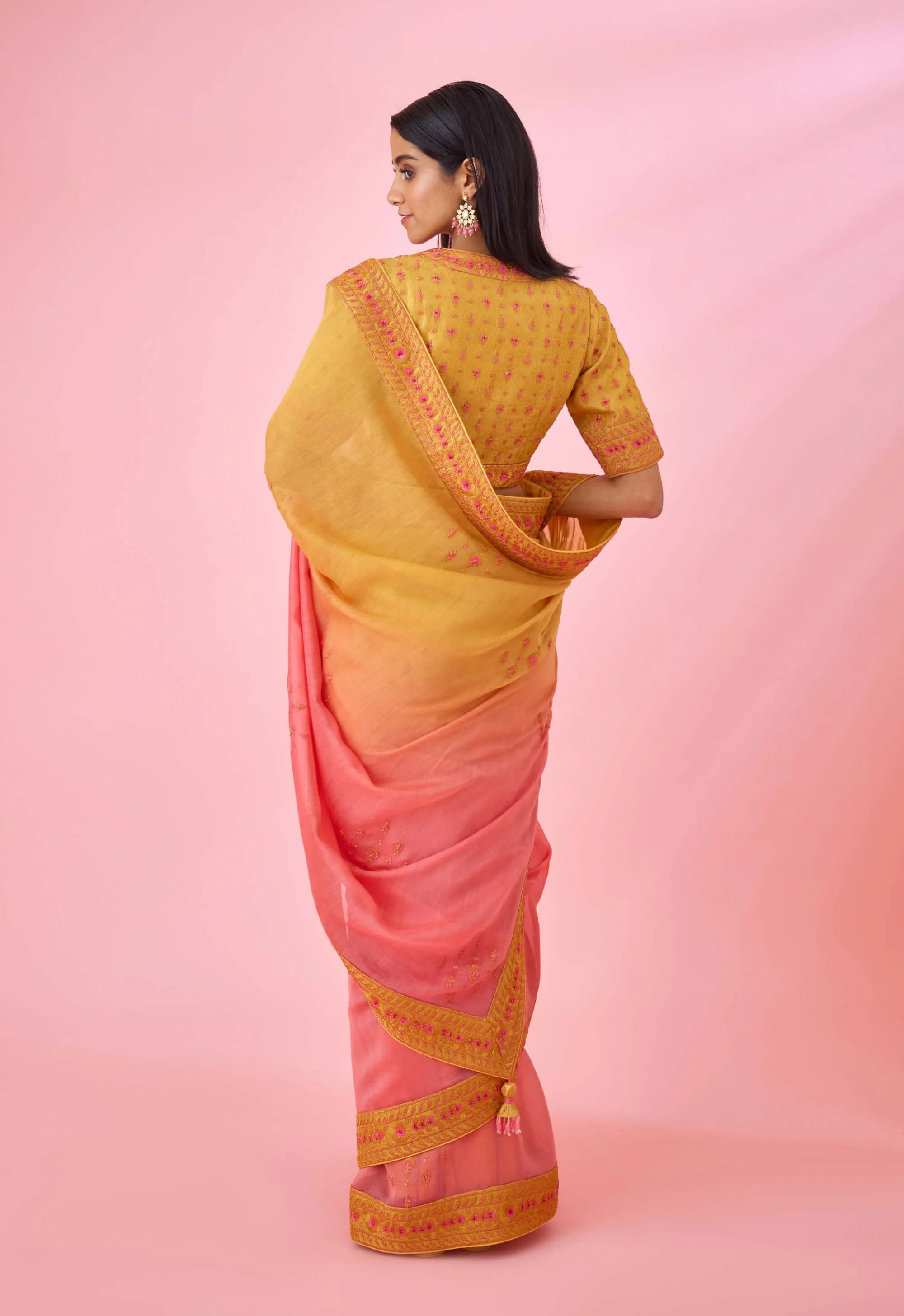Yellow pink ombre sari and blouse