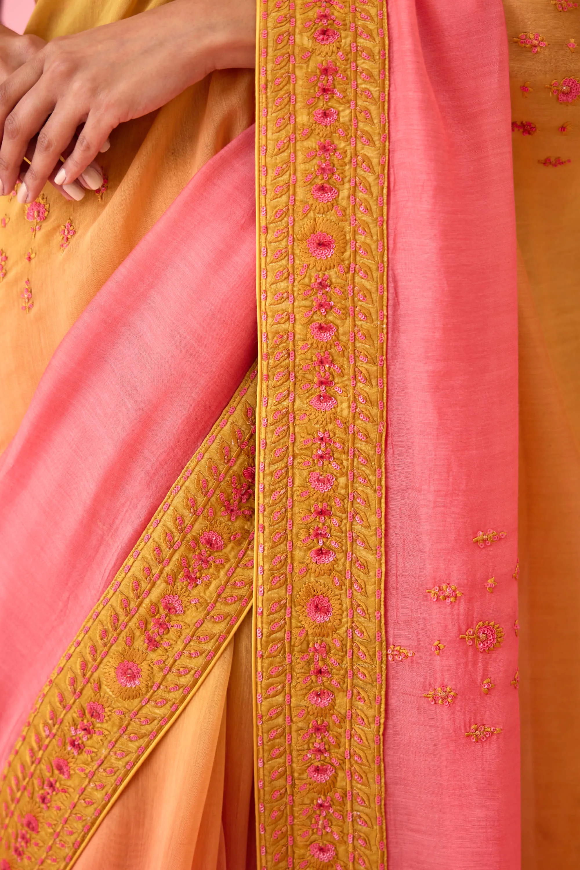 Yellow pink ombre sari and blouse