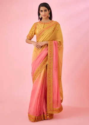 Yellow pink ombre sari and blouse
