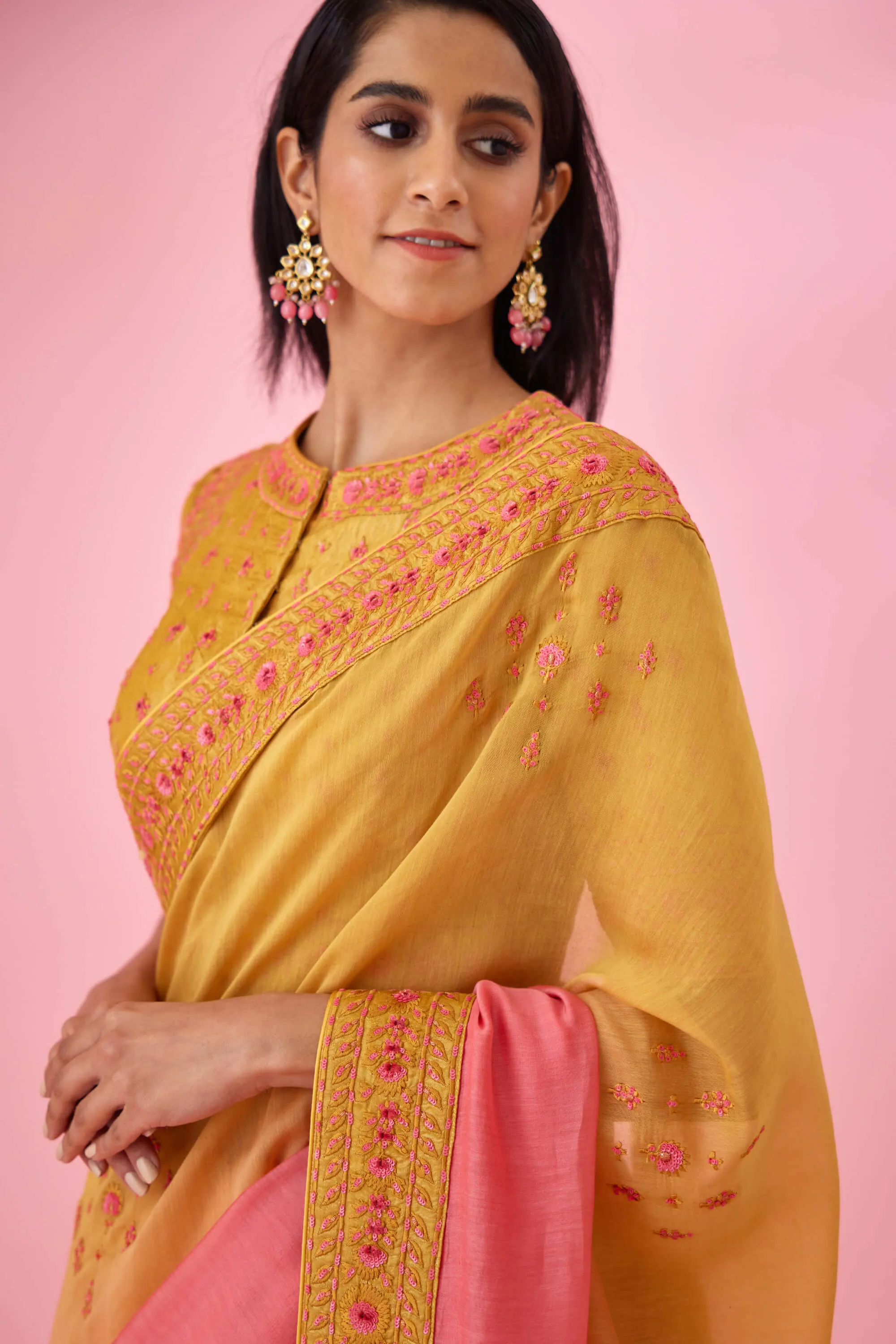 Yellow pink ombre sari and blouse
