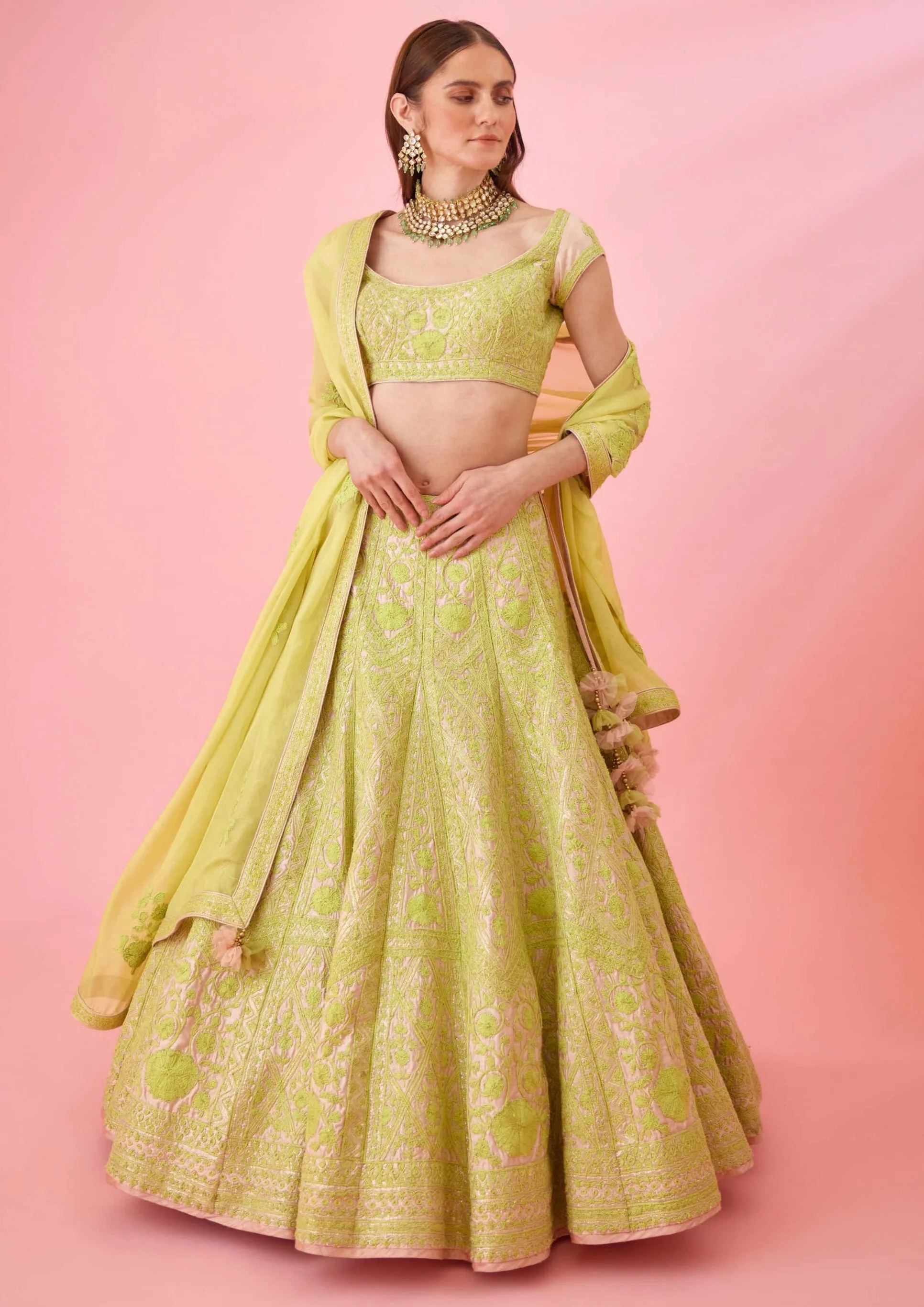 Yellow pink threadwork lehenga set