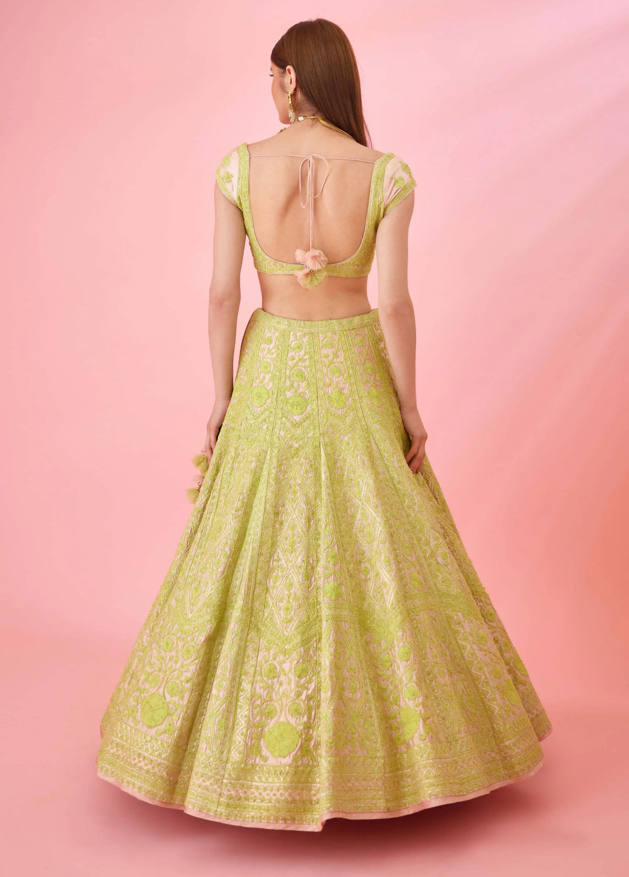 Yellow pink threadwork lehenga set